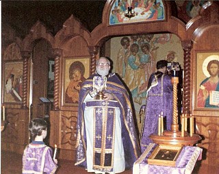 Serving as a Deacon at a Pre-Sanctified Liturgy during Great Lent, 1988, with Fr Tom Edwards. The altar boy is Sean!